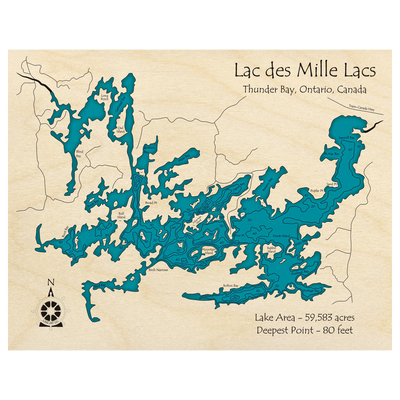 Bathymetric topo map of Lac des Milles Lacs, ON with roads, towns and depths noted in blue water.