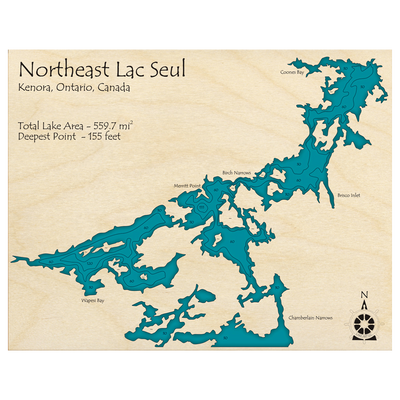 Bathymetric topo map of Lac Seul, ON with roads, towns and depths noted in blue water.
