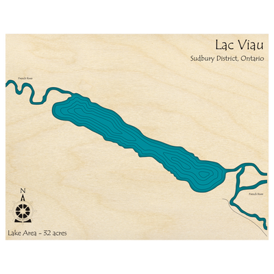 Bathymetric topo map of Lac Viau, ON with roads, towns and depths noted in blue water.