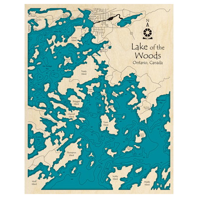 Bathymetric topo map of Lake of the Woods, ON with roads, towns and depths noted in blue water.