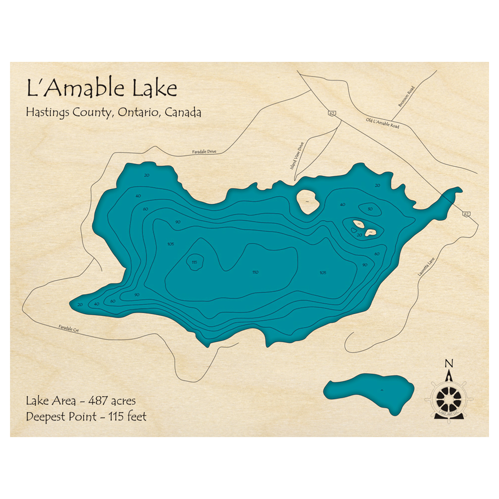 Bathymetric topo map of Lamable Lake, ON with roads, towns and depths noted in blue water.