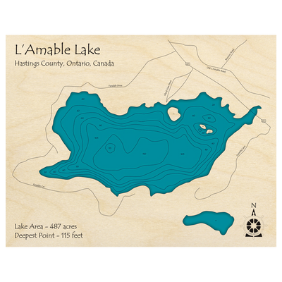 Bathymetric topo map of Lamable Lake, ON with roads, towns and depths noted in blue water.