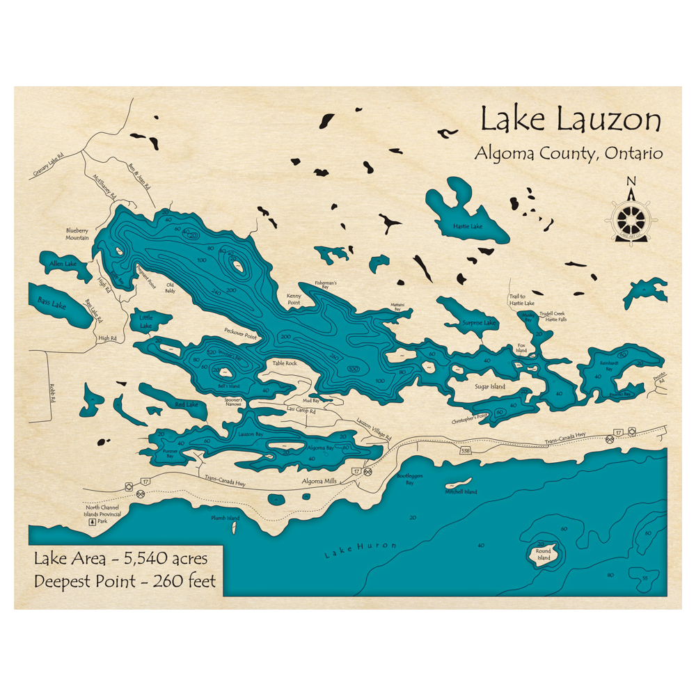 Bathymetric topo map of Lake Lauzon, ON with roads, towns and depths noted in blue water.
