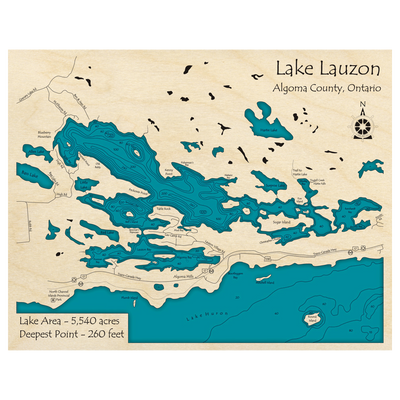 Bathymetric topo map of Lake Lauzon, ON with roads, towns and depths noted in blue water.