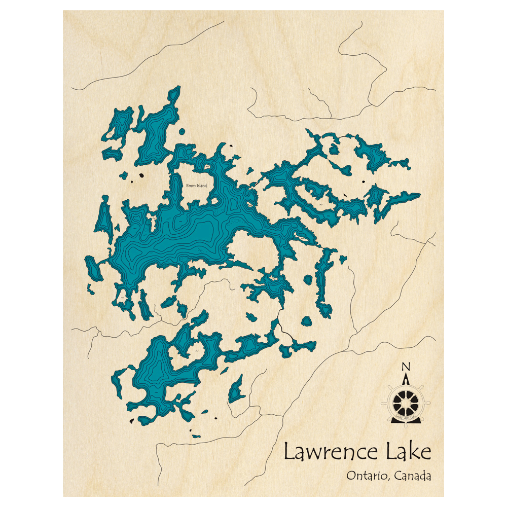 Bathymetric topo map of Lawrence Lake, ON with roads, towns and depths noted in blue water.