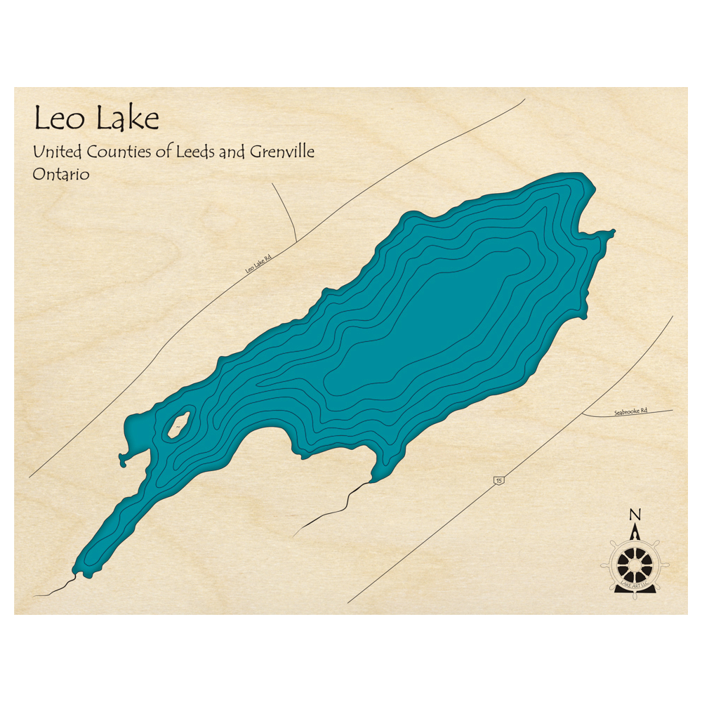 Bathymetric topo map of Leo Lake, ON with roads, towns and depths noted in blue water.