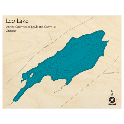 Bathymetric topo map of Leo Lake, ON with roads, towns and depths noted in blue water.