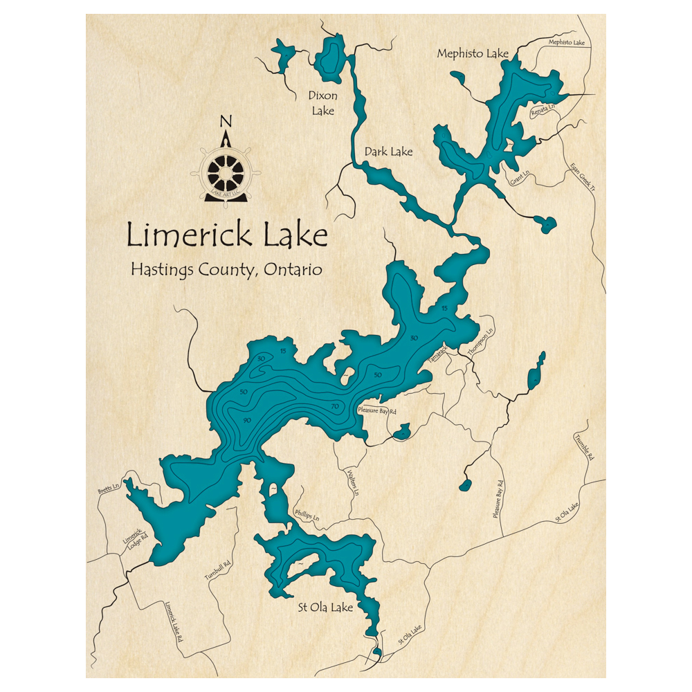 Bathymetric topo map of Limerick Lake, ON with roads, towns and depths noted in blue water.