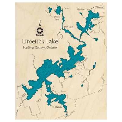 Bathymetric topo map of Limerick Lake, ON with roads, towns and depths noted in blue water.