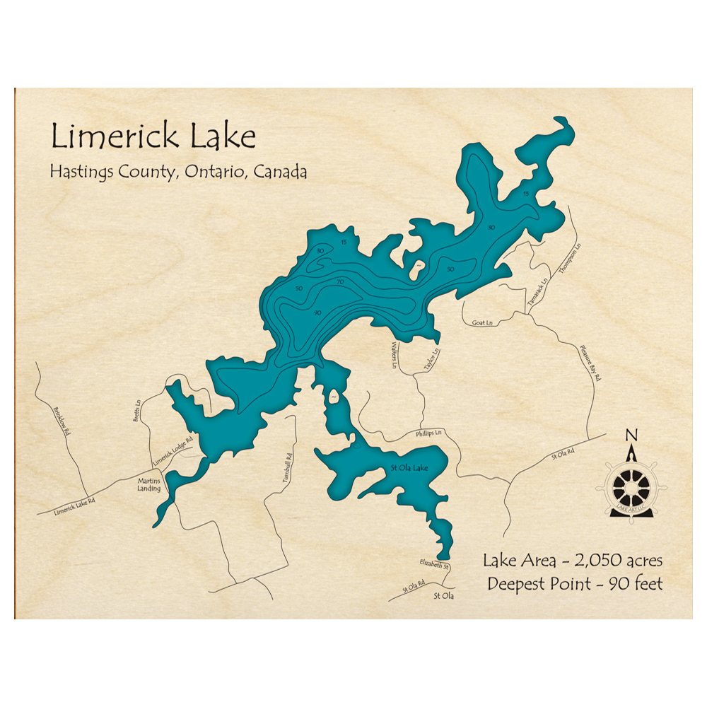 Bathymetric topo map of Limerick Lake, ON with roads, towns and depths noted in blue water.