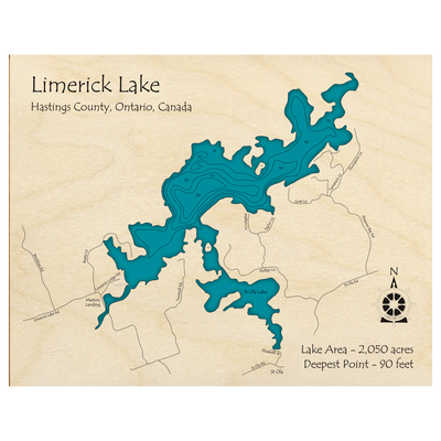 Bathymetric topo map of Limerick Lake, ON with roads, towns and depths noted in blue water.