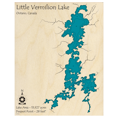 Bathymetric topo map of Little Vermilion Lake, ON with roads, towns and depths noted in blue water.