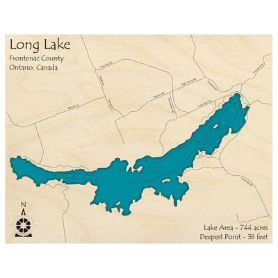 Bathymetric topo map of Long Lake, ON with roads, towns and depths noted in blue water.