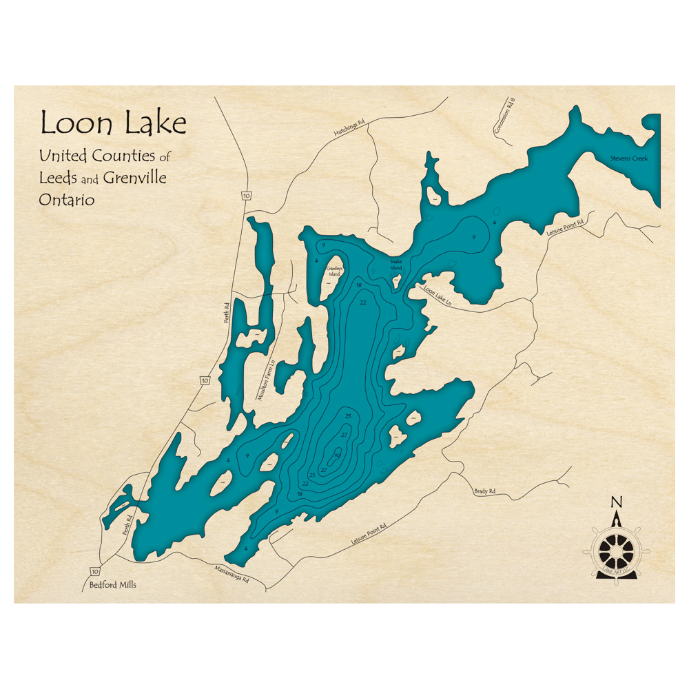 Bathymetric topo map of Loon Lake, ON with roads, towns and depths noted in blue water.