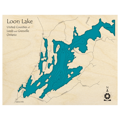 Bathymetric topo map of Loon Lake, ON with roads, towns and depths noted in blue water.