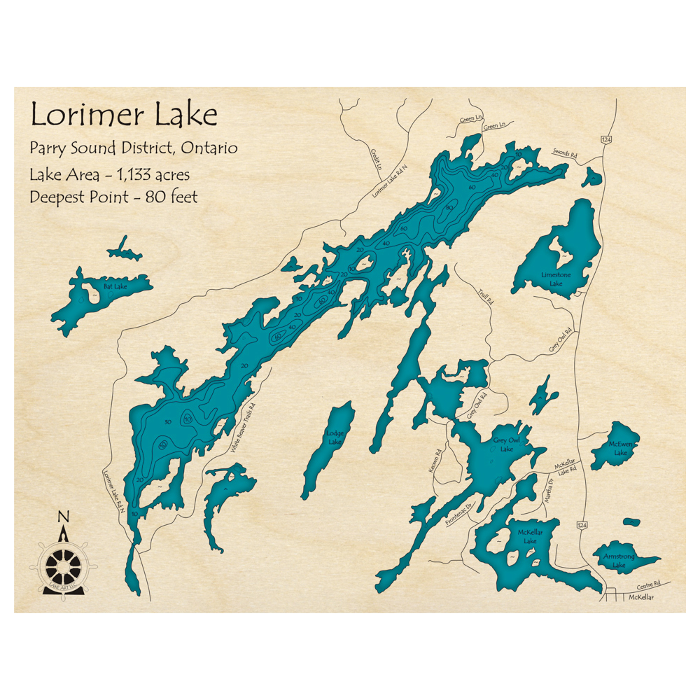 Bathymetric topo map of Lorimer Lake, ON with roads, towns and depths noted in blue water.