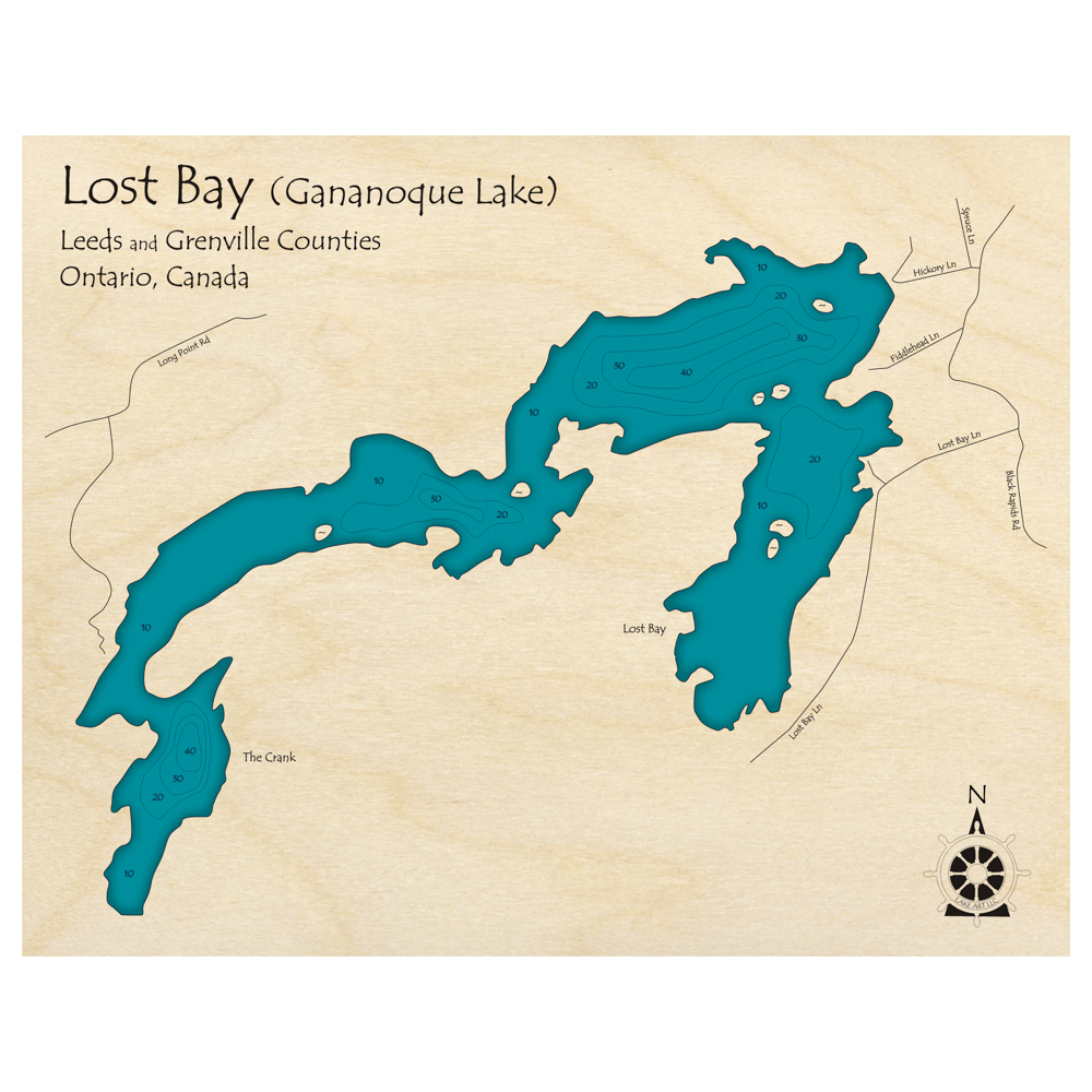 Bathymetric topo map of Gananoque Lake, ON with roads, towns and depths noted in blue water.