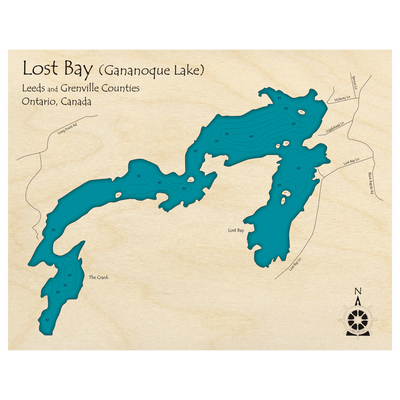 Bathymetric topo map of Gananoque Lake, ON with roads, towns and depths noted in blue water.