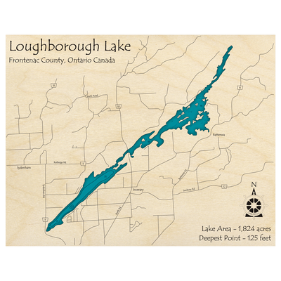 Bathymetric topo map of Loughborough Lake, ON with roads, towns and depths noted in blue water.