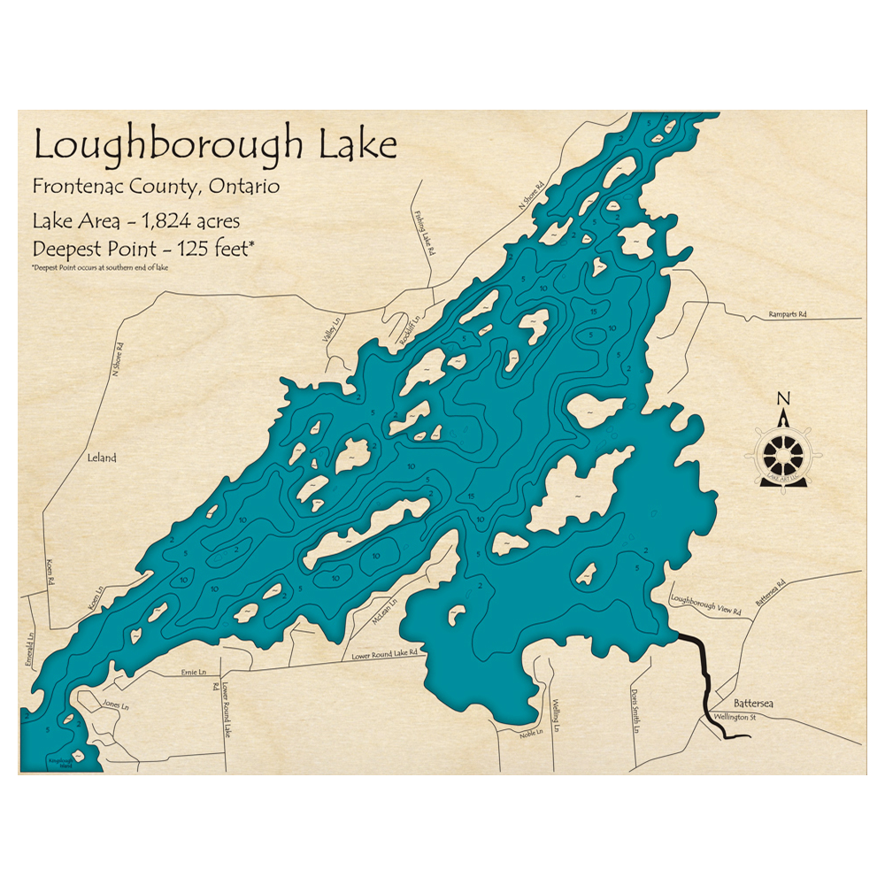 Bathymetric topo map of Loughborough Lake, ON with roads, towns and depths noted in blue water.