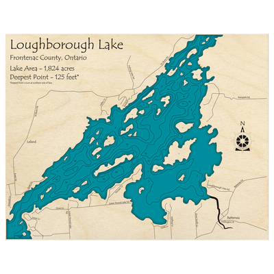 Bathymetric topo map of Loughborough Lake, ON with roads, towns and depths noted in blue water.
