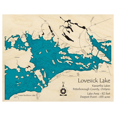 Bathymetric topo map of Lovesick Lake, ON with roads, towns and depths noted in blue water.