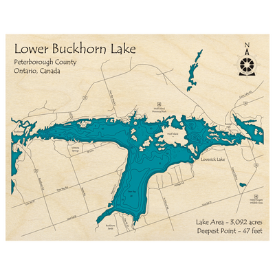 Bathymetric topo map of Buckhorn Lake, ON with roads, towns and depths noted in blue water.