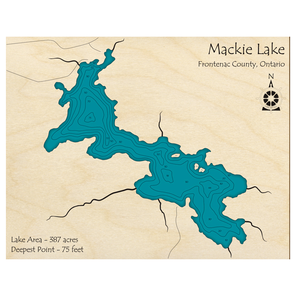 Bathymetric topo map of Mackie Lake, ON with roads, towns and depths noted in blue water.
