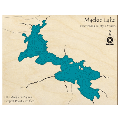 Bathymetric topo map of Mackie Lake, ON with roads, towns and depths noted in blue water.