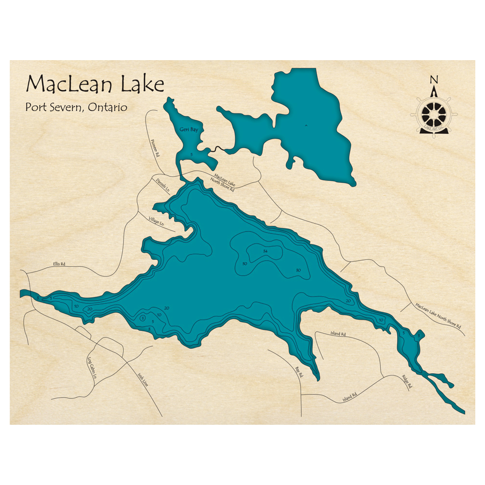 Bathymetric topo map of MaClean Lake, ON with roads, towns and depths noted in blue water.