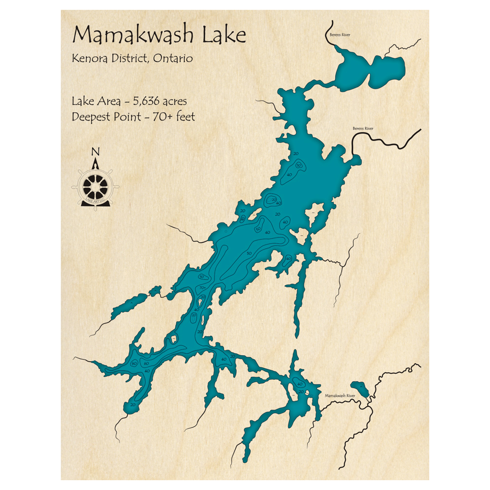 Bathymetric topo map of Mamakwash Lake, ON with roads, towns and depths noted in blue water.