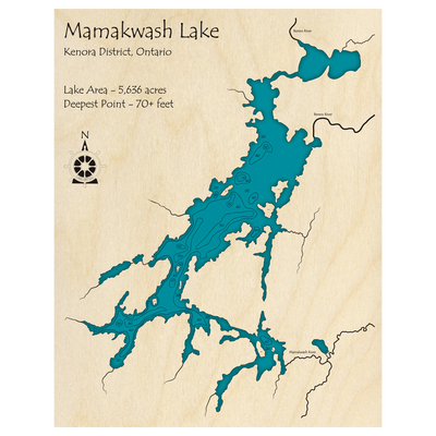 Bathymetric topo map of Mamakwash Lake, ON with roads, towns and depths noted in blue water.
