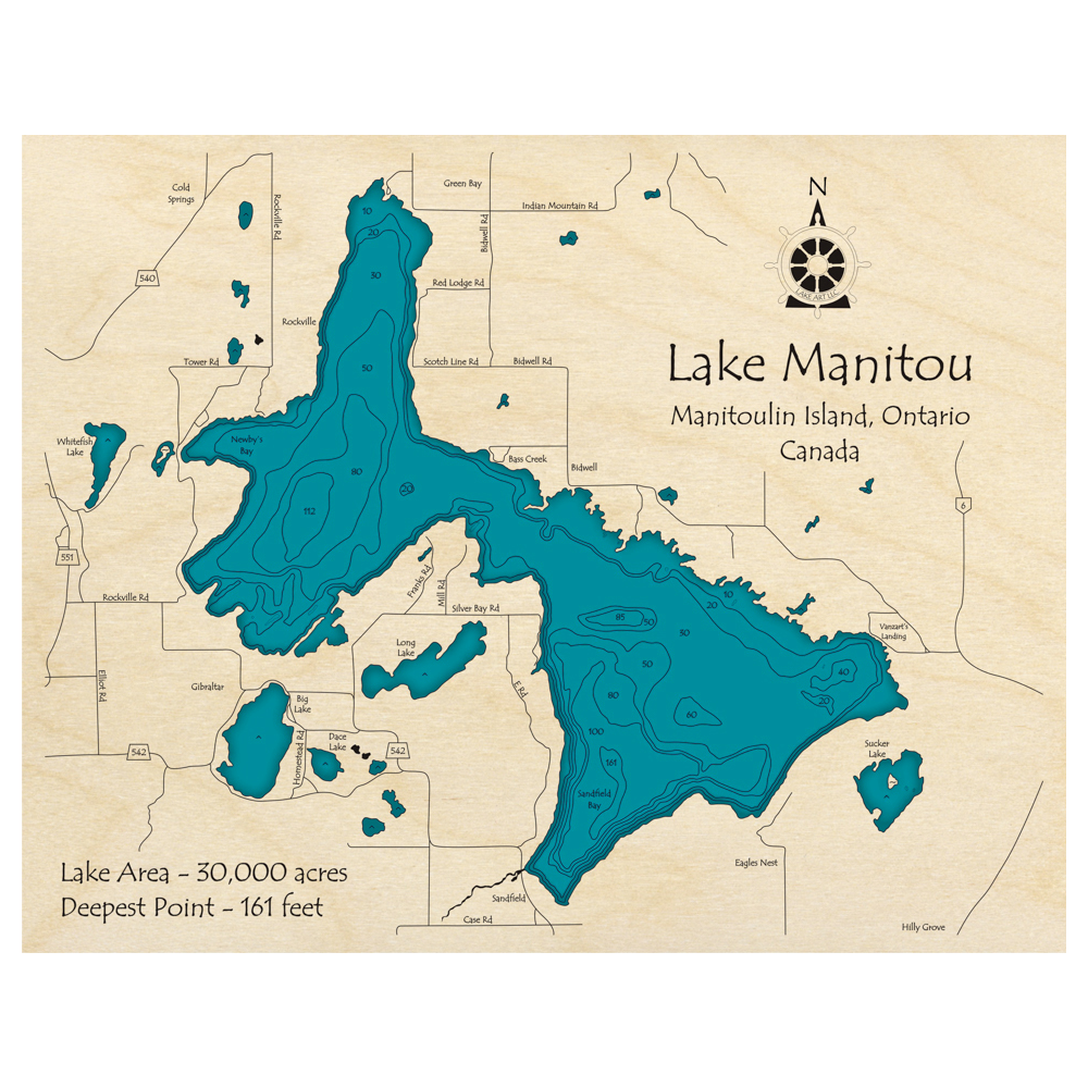 Bathymetric topo map of Lake Manitou, ON with roads, towns and depths noted in blue water.