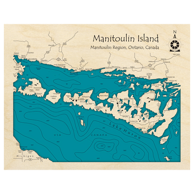 Bathymetric topo map of Manitoulin Island, ON with roads, towns and depths noted in blue water.
