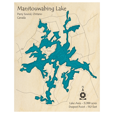 Bathymetric topo map of Manitouwabing Lake, ON with roads, towns and depths noted in blue water.