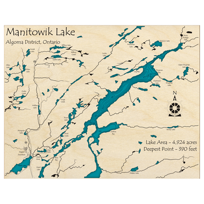 Bathymetric topo map of Manitowik Lake, ON with roads, towns and depths noted in blue water.