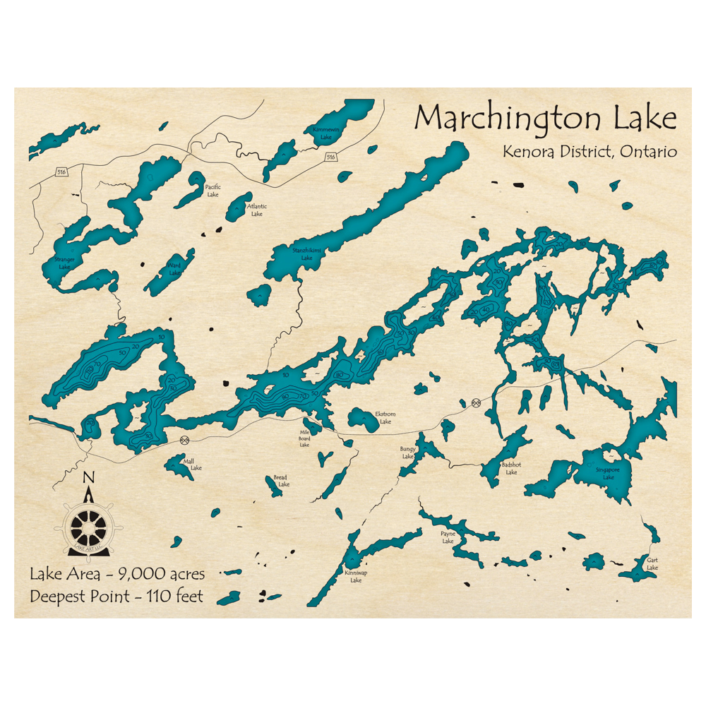 Bathymetric topo map of Marchington Lake, ON with roads, towns and depths noted in blue water.