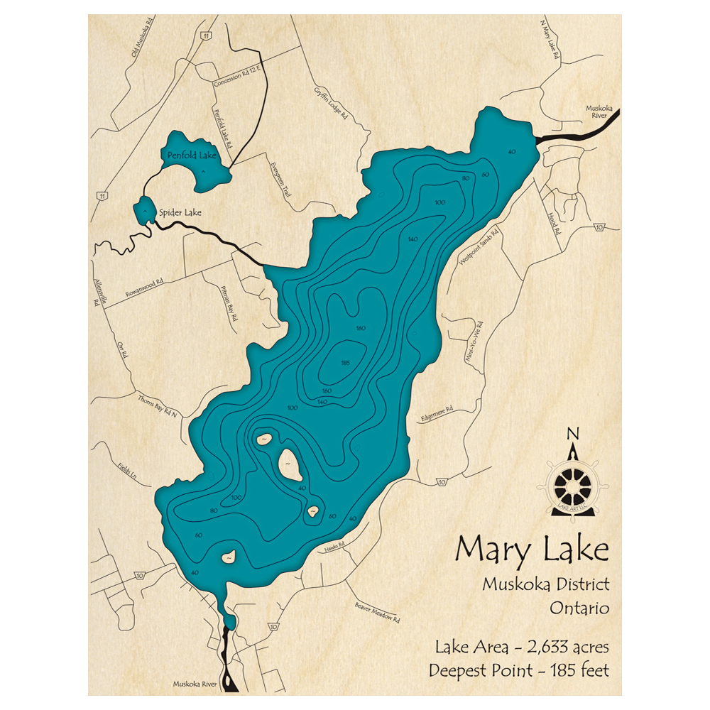 Bathymetric topo map of Mary Lake, ON with roads, towns and depths noted in blue water.
