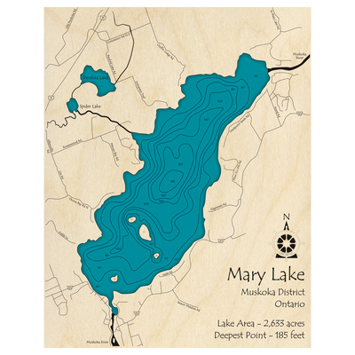 Bathymetric topo map of Mary Lake, ON with roads, towns and depths noted in blue water.