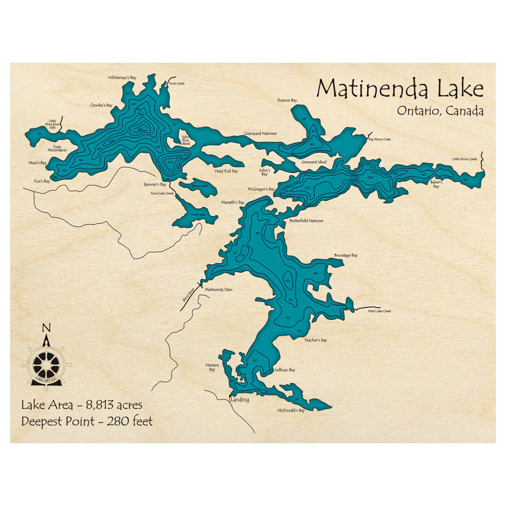 Bathymetric topo map of Matinenda Lake, ON with roads, towns and depths noted in blue water.