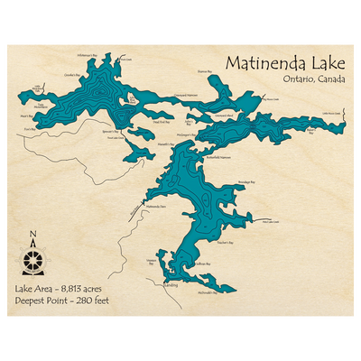 Bathymetric topo map of Matinenda Lake, ON with roads, towns and depths noted in blue water.