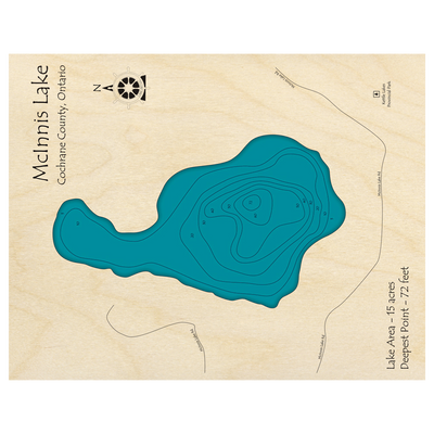 Bathymetric topo map of McInnis Lake, ON with roads, towns and depths noted in blue water.