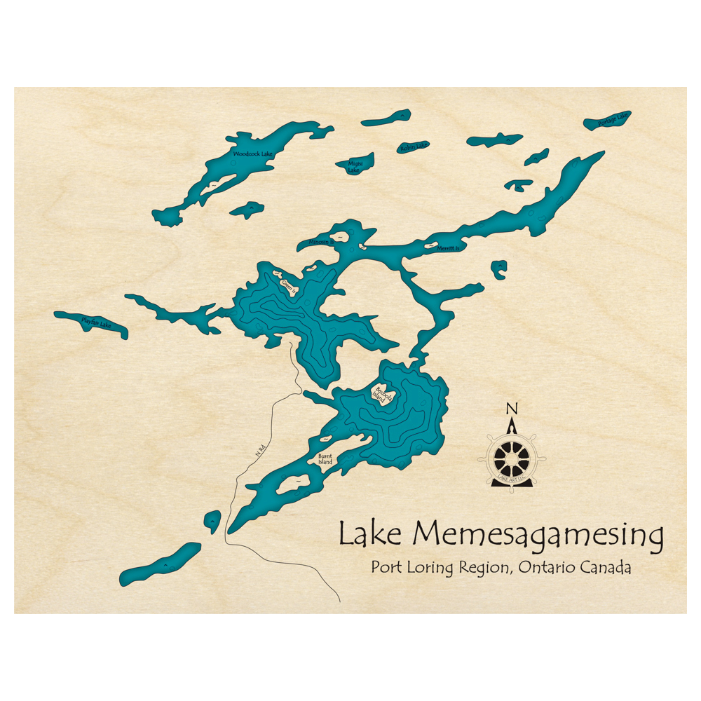 Bathymetric topo map of Lake Memesagamesing, ON with roads, towns and depths noted in blue water.