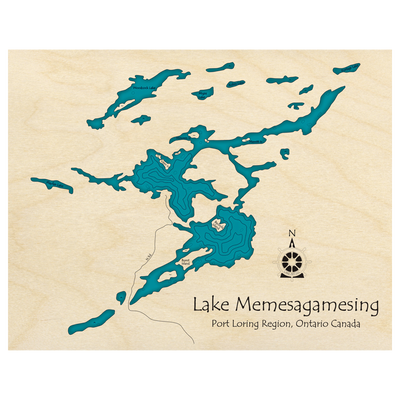 Bathymetric topo map of Lake Memesagamesing, ON with roads, towns and depths noted in blue water.