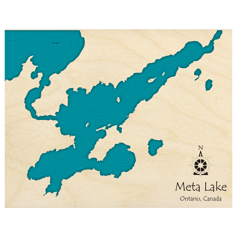 Bathymetric topo map of Meta Lake, ON with roads, towns and depths noted in blue water.