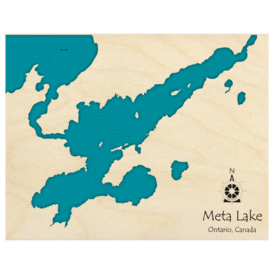 Bathymetric topo map of Meta Lake, ON with roads, towns and depths noted in blue water.