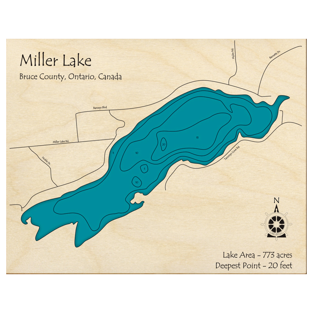 Bathymetric topo map of Miller Lake, ON with roads, towns and depths noted in blue water.