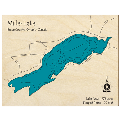 Bathymetric topo map of Miller Lake, ON with roads, towns and depths noted in blue water.