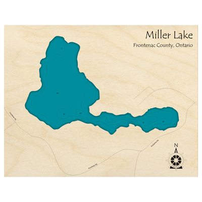 Bathymetric topo map of Miller Lake, ON with roads, towns and depths noted in blue water.