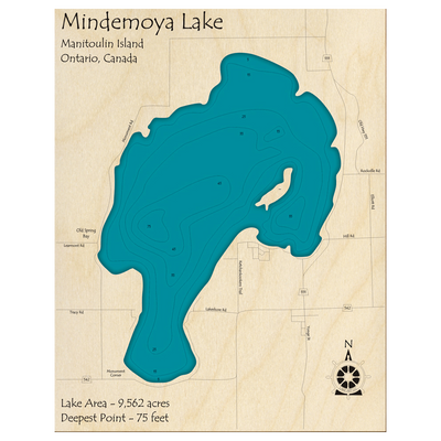 Bathymetric topo map of Mindemoya Lake, ON with roads, towns and depths noted in blue water.